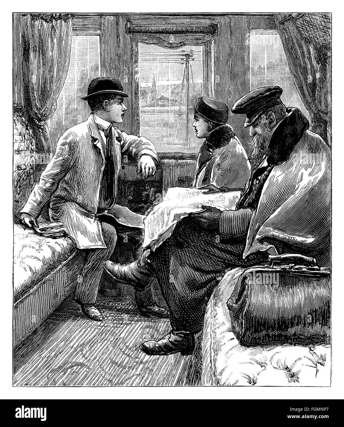 Gravure en noir et blanc d'un compartiment dans un train. La légende est "Sur le chemin de Moscou." Banque D'Images