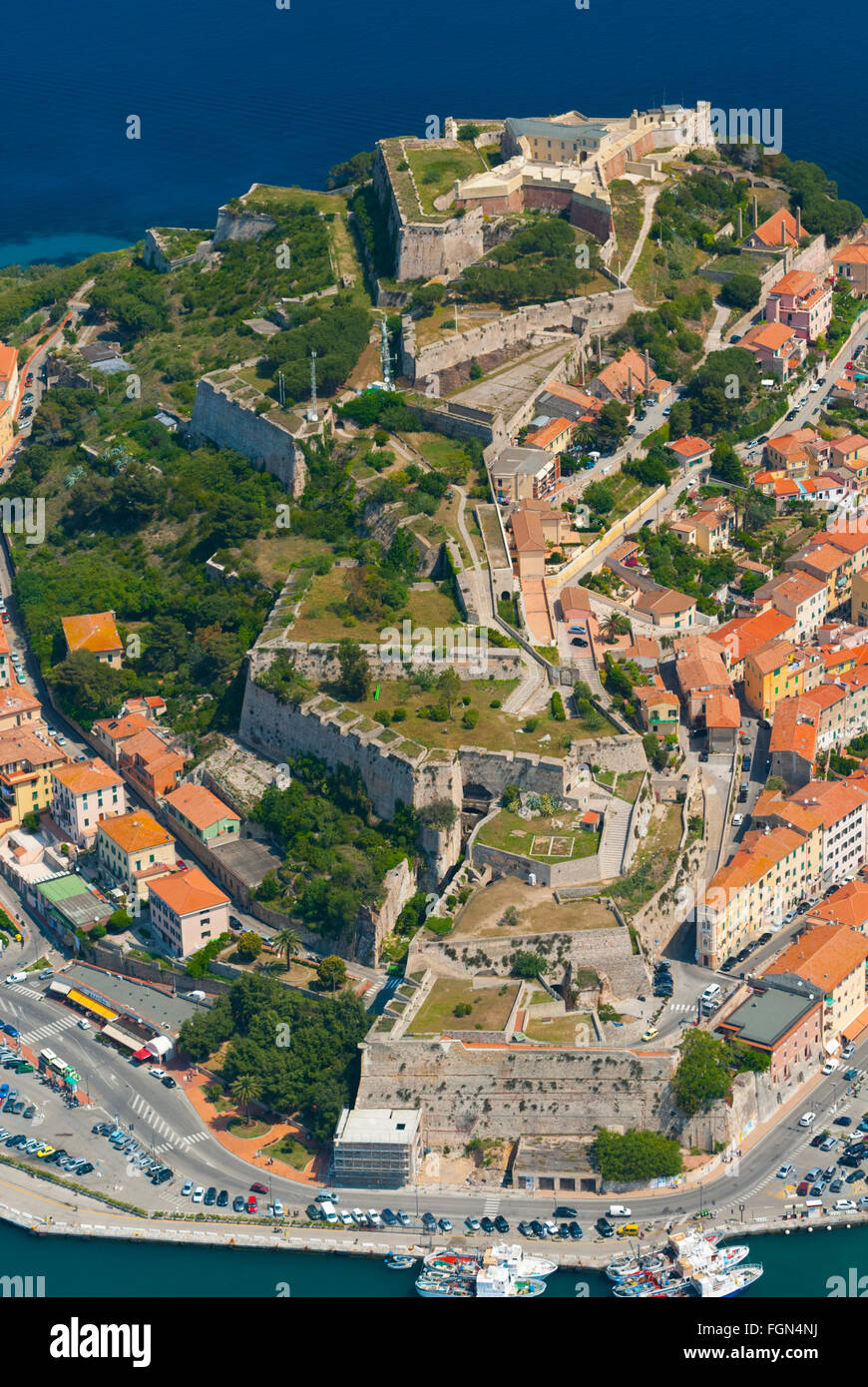 Italie, Toscane, île d'Elbe, Portoferraio, Fort Falcone (vue aérienne) Banque D'Images