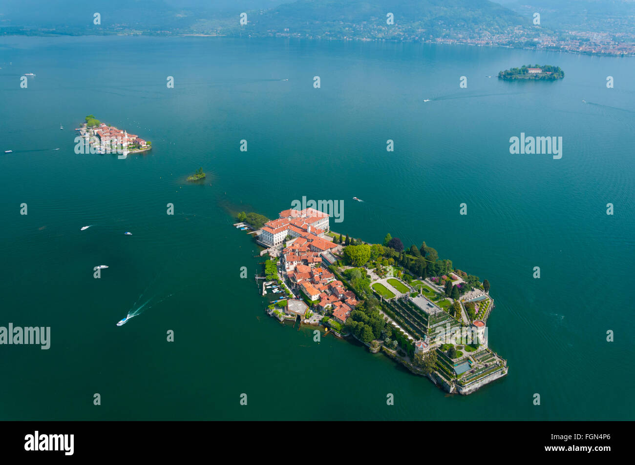 L'Italie, le Piémont, le lac Majeur, Isola Bella, Superiore et Madre (vue aérienne) // Italie, Piémont, lac Majeur, les îles Banque D'Images
