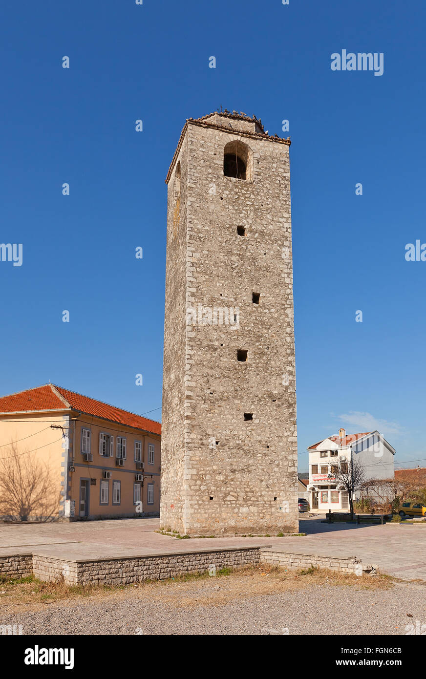 Tour de l'horloge (Sahat Kula) à Podgorica, Monténégro. La tour de 16m construit en 18ème siècle par les ottomans. L'un des plus vieux symboles de la ville Banque D'Images