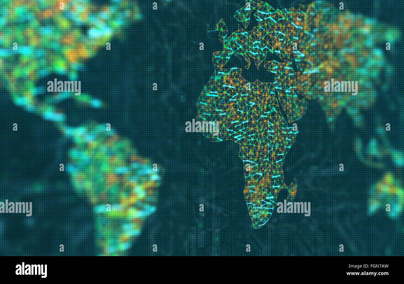 La carte du monde représentée par allumé les connexions numériques. Image 3D avec la profondeur de champ sur un écran LED. Banque D'Images