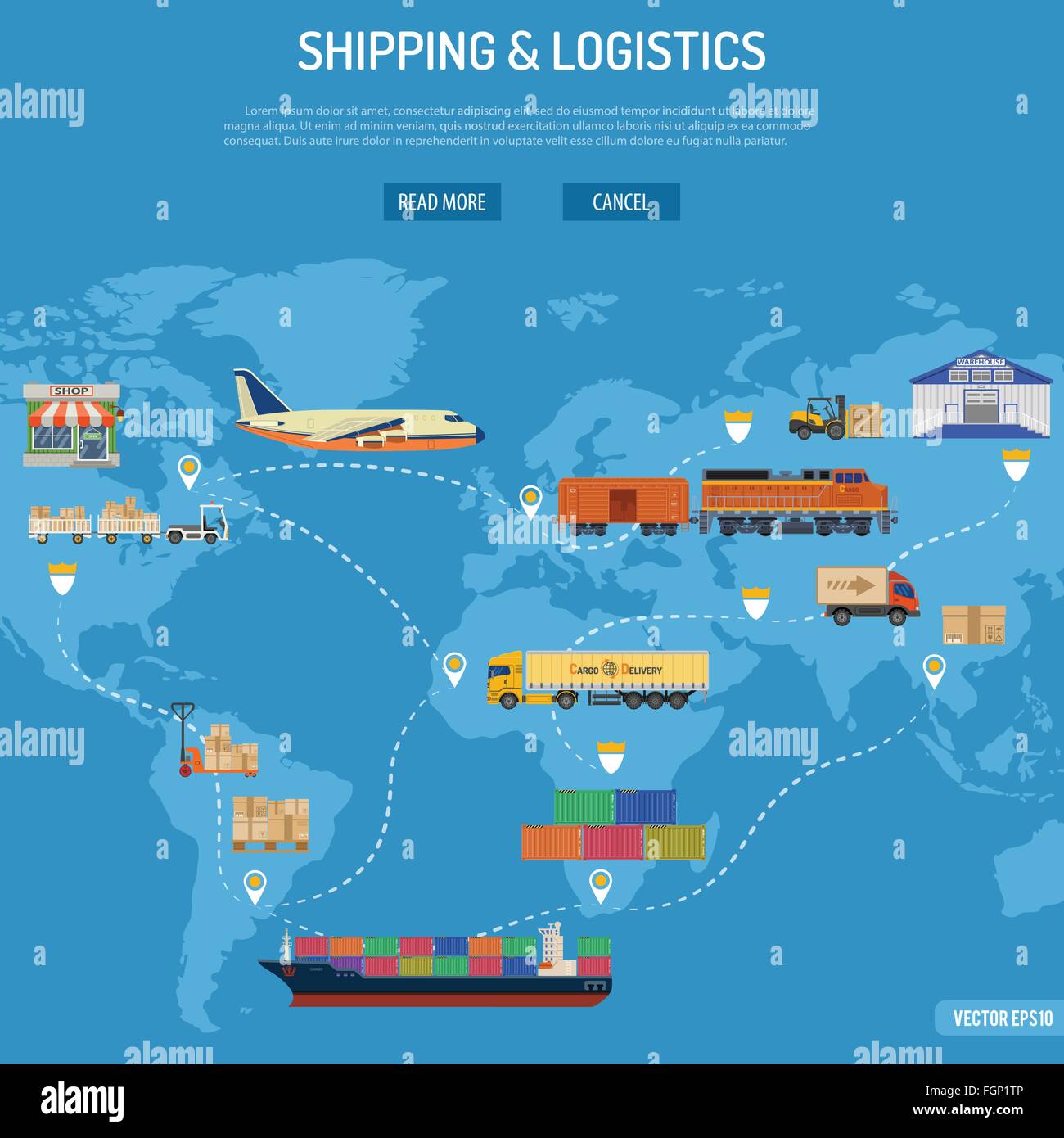 Concept de la logistique et de l'expédition de marchandises par chemin de fer, avec le fret aérien, le transport maritime et de camionnage dans les icônes de style plat. Vecteur de B Illustration de Vecteur