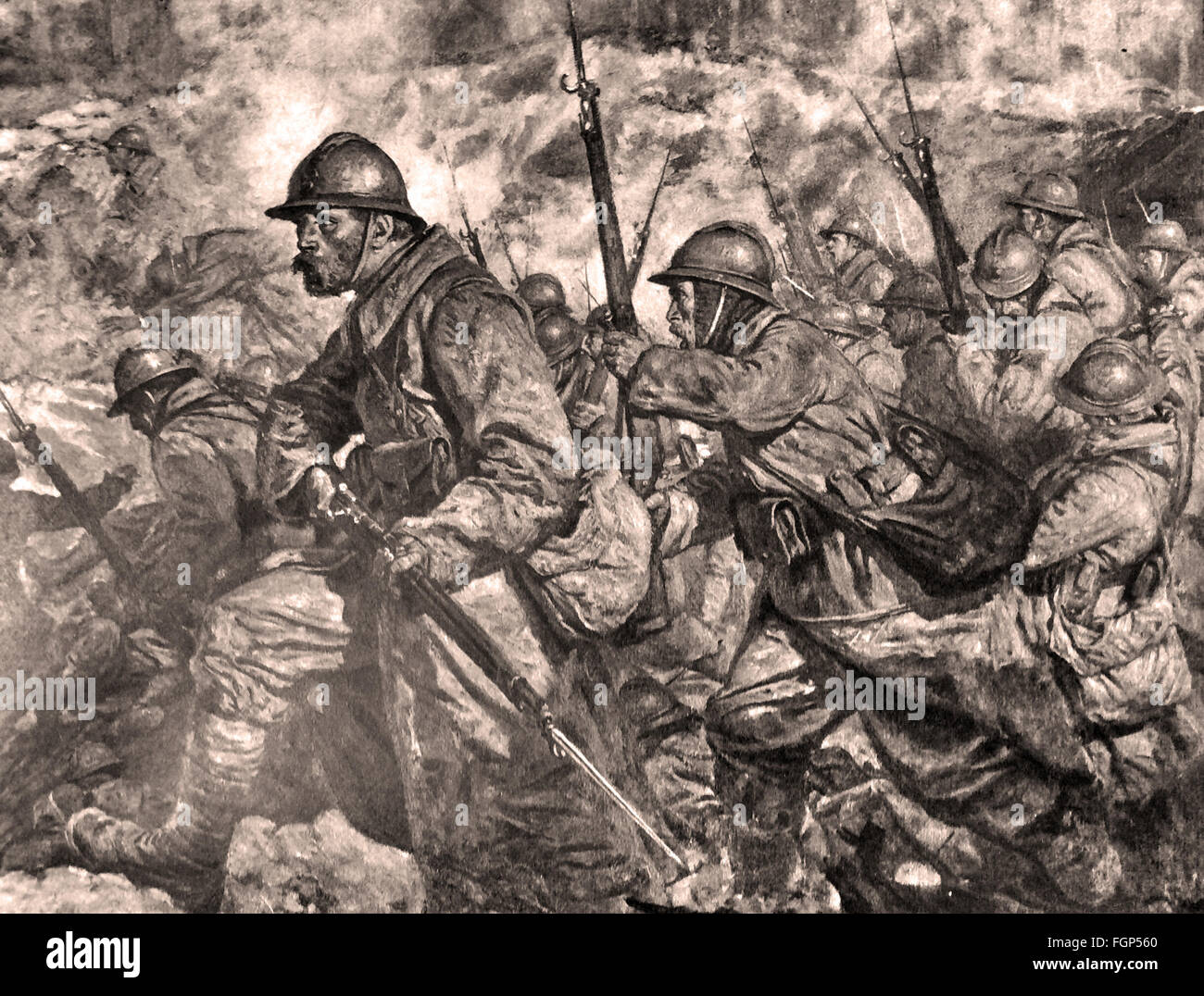 Bataille de Verdun 1916 - L'assaut - Gravure Banque D'Images