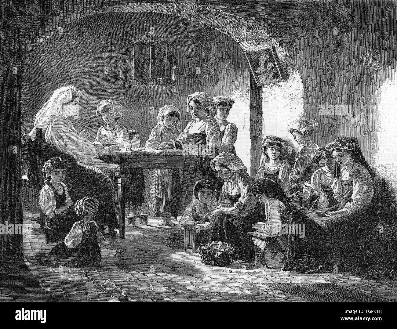 Pédagogie, école / leçons / discipline, école de filles dans les montagnes des Abruzzes, après peinture par Barff Tucker, gravure en bois de: 'The Illustrated London News', Londres, 5.1.1861, Additional-Rights-Clearences-Not Available Banque D'Images