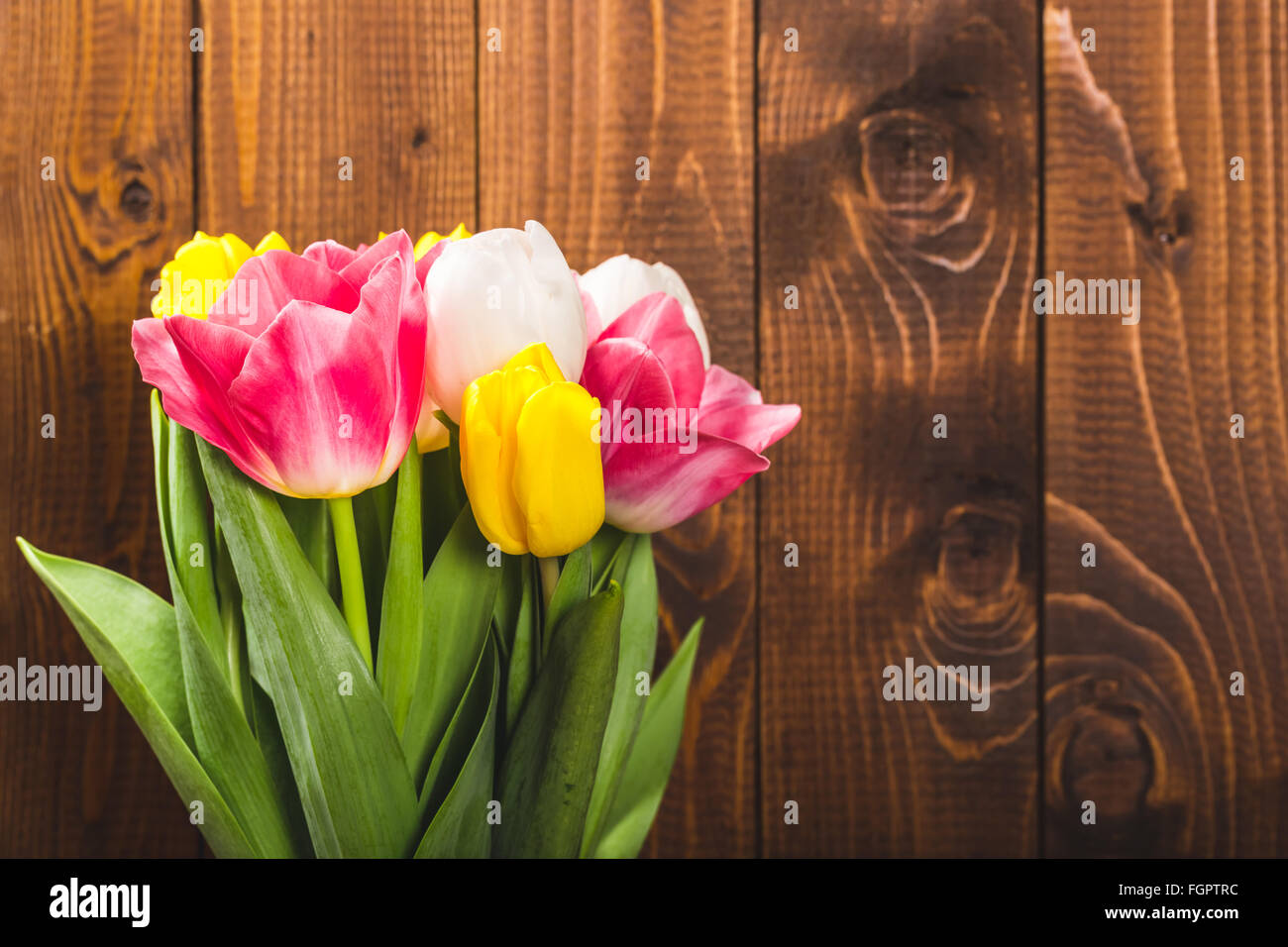 Bouquet de tulipes en face de printemps sur scène le fond de bois. un bouquet de fleurs pour le 8 mars, ou la Saint-Valentin Banque D'Images