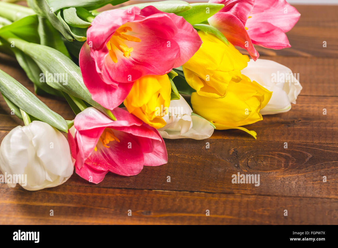 Bouquet de tulipes en face de printemps sur scène le fond de bois. un bouquet de fleurs pour le 8 mars, ou la Saint-Valentin Banque D'Images