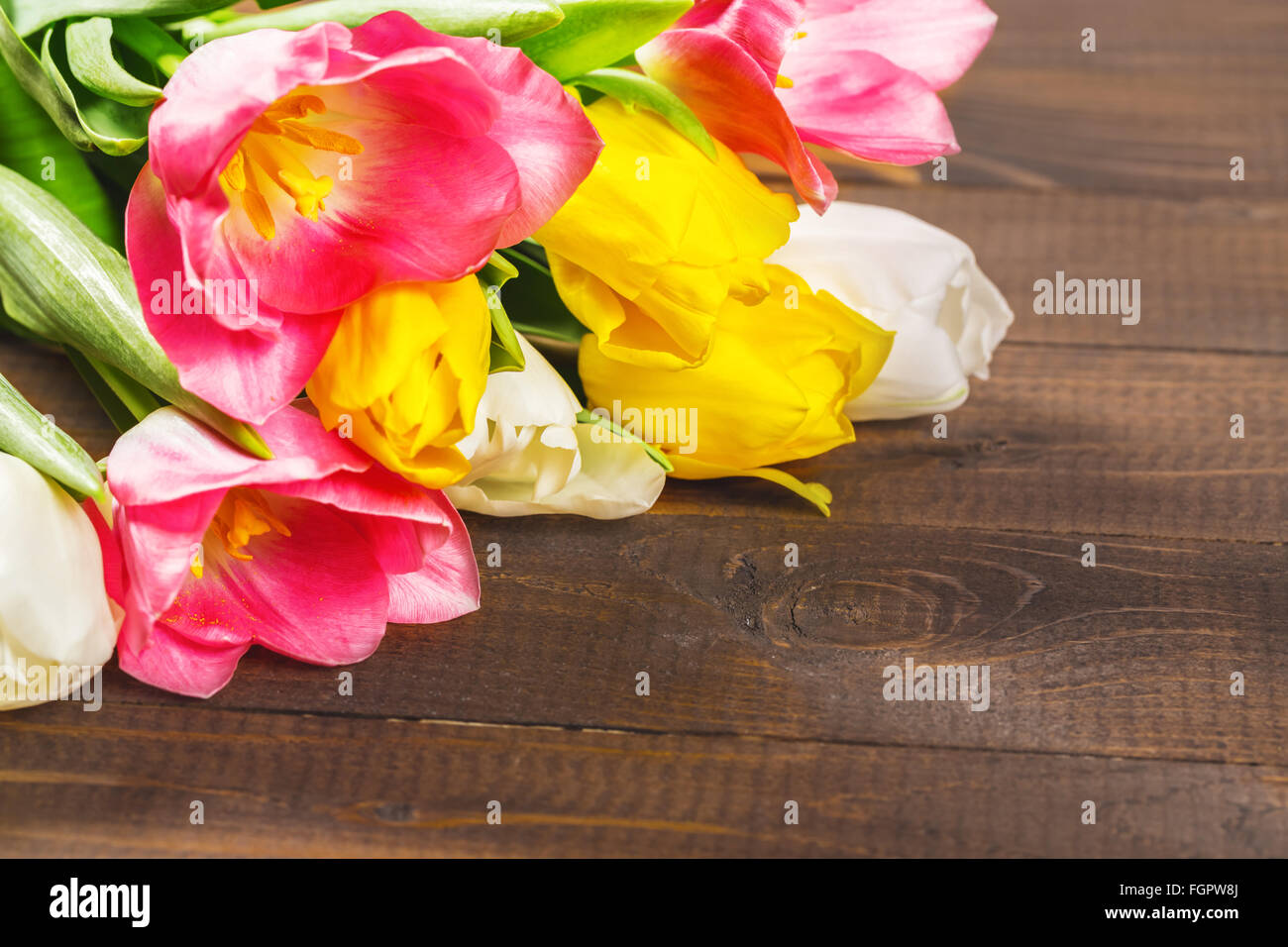 Bouquet de tulipes en face de printemps sur scène le fond de bois. un bouquet de fleurs pour le 8 mars, ou la Saint-Valentin Banque D'Images