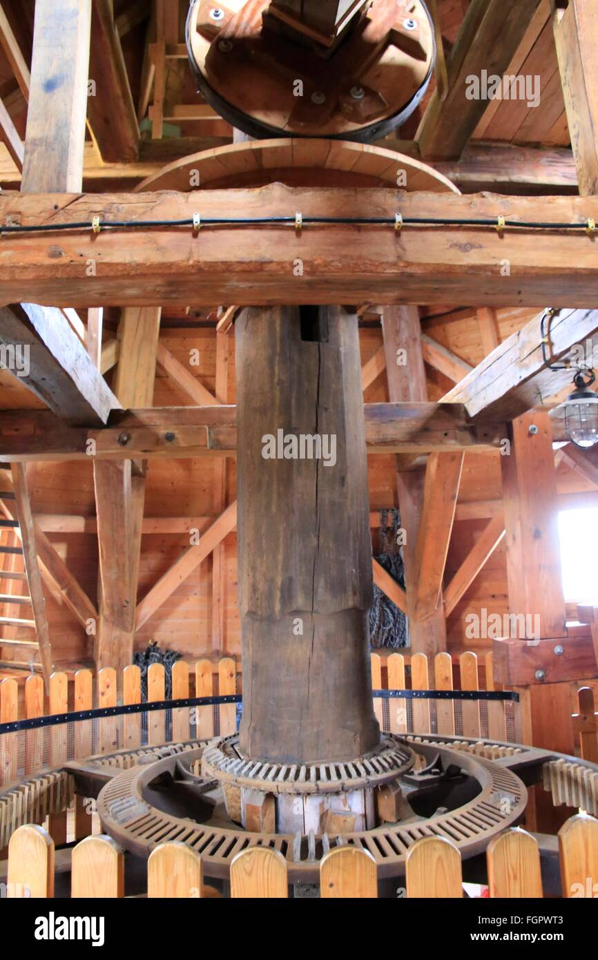 Roues motrices de l'usine Travaux de Rysumer moulin à vent. Le moulin a été construit en 1895 comme une galerie de deux étages Dutchman. Après un incendie en 1921, il a augmenté d'un étage, doté d'un cul de chalut. Schafflund, Basse-Saxe mill road, Basse-Saxe, Allemagne, Europe Photo : Banque D'Images