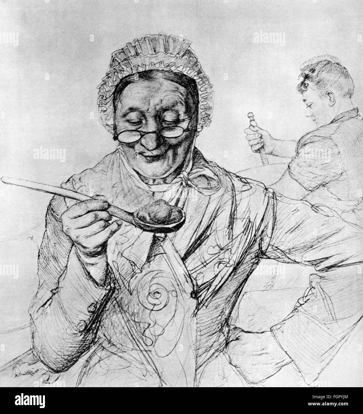 Gastronomie, cuisinier, chef féminin, par Christian Wilhelm Allers, (1857 - 1915), dessin, 1890, droits supplémentaires-Clearences-non disponible Banque D'Images