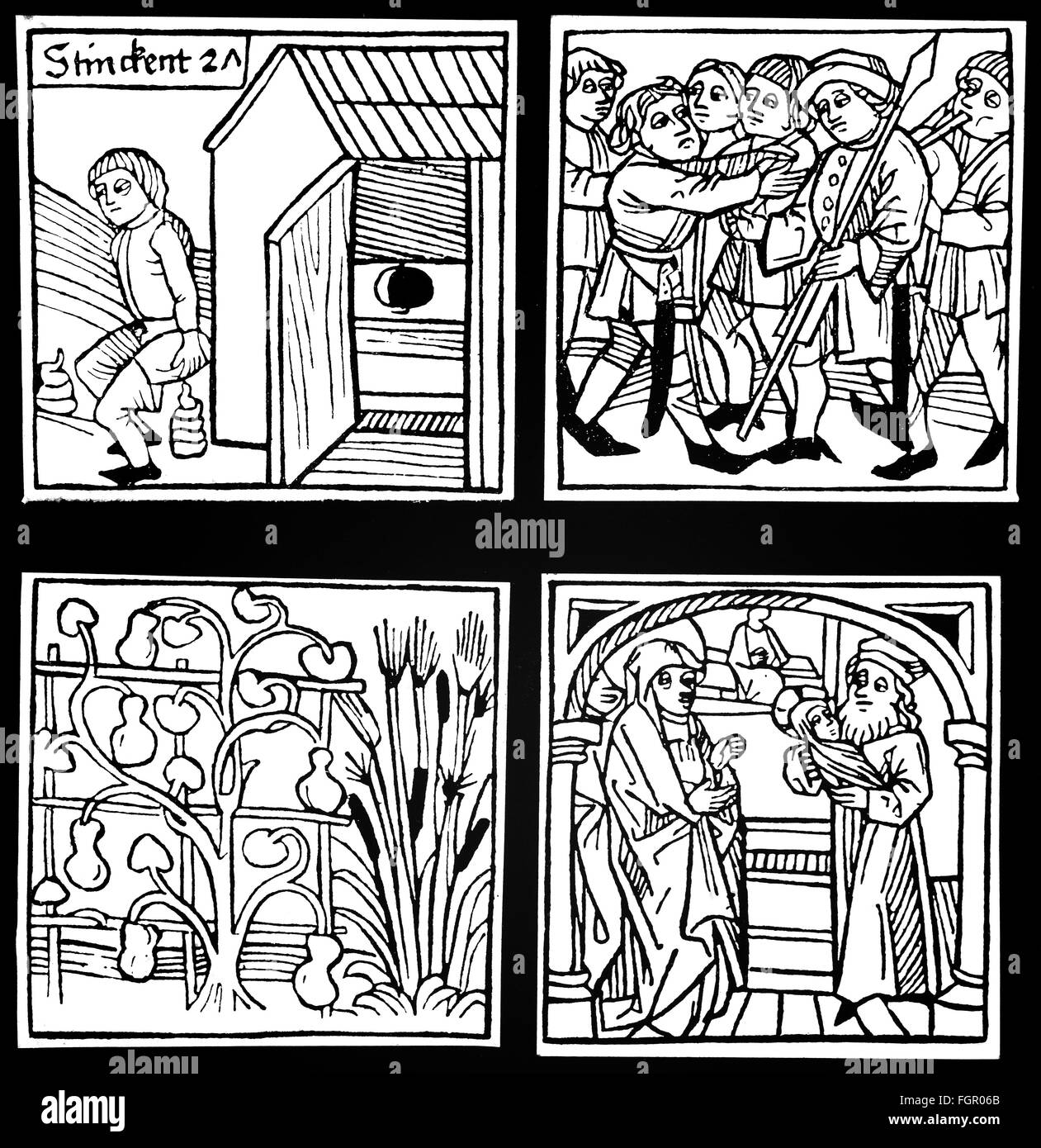 Littérature, Moyen âge, allégories de 'tench', 'rudesse', 'groenth', 'Life', coupe de bois, de: 'ARS memorativa' par Jakobus Publicius, imprimé par Anton Sorg (1430 - 1493), Augsbourg, Allemagne, vers 1490, collection privée, droits additionnels-Clearences-non disponible Banque D'Images