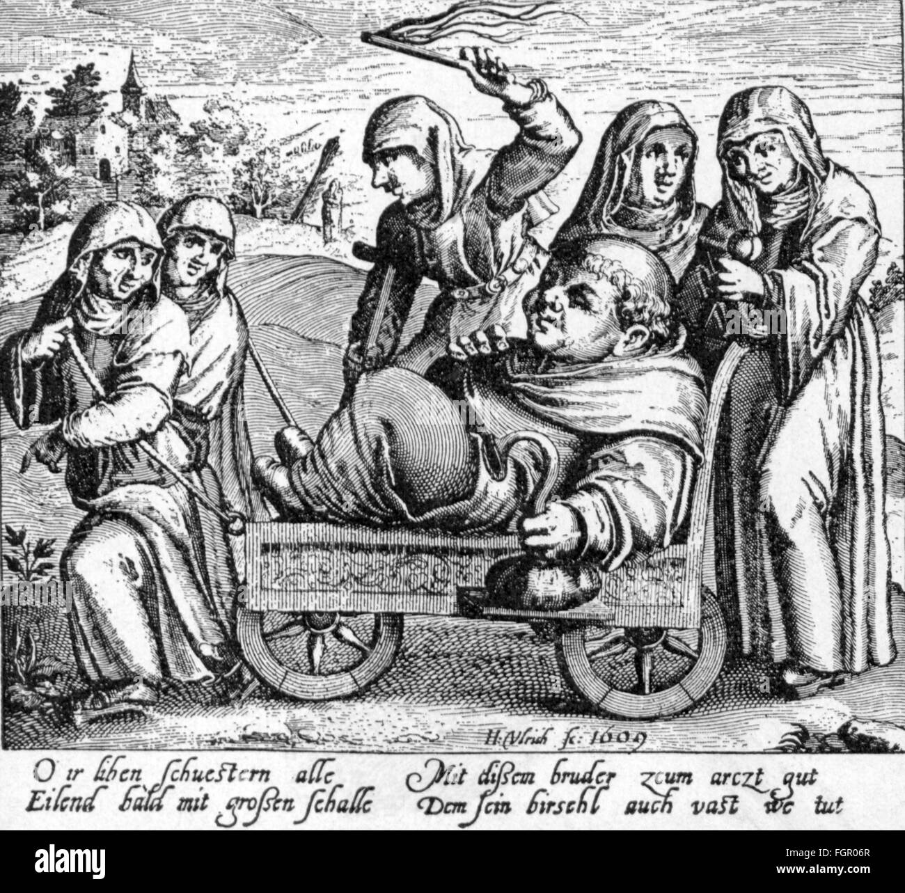 La religion, le clergé, la caricature sur la vie décadente des moines et moniales, gravure sur cuivre par H. Ulrich, 1609, copyright de l'artiste n'a pas à être effacée Banque D'Images