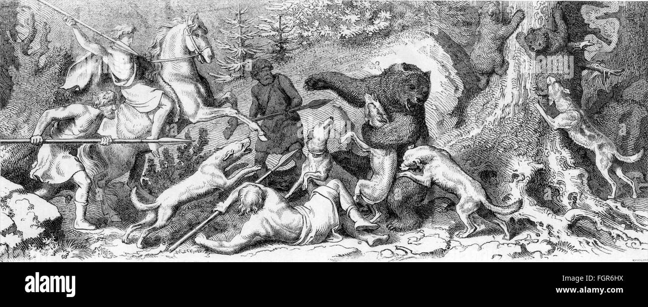 Chasse, ours, chasse à la barbe par les Germaniques, gravure en bois, 1865, droits additionnels-Clearences-non disponible Banque D'Images