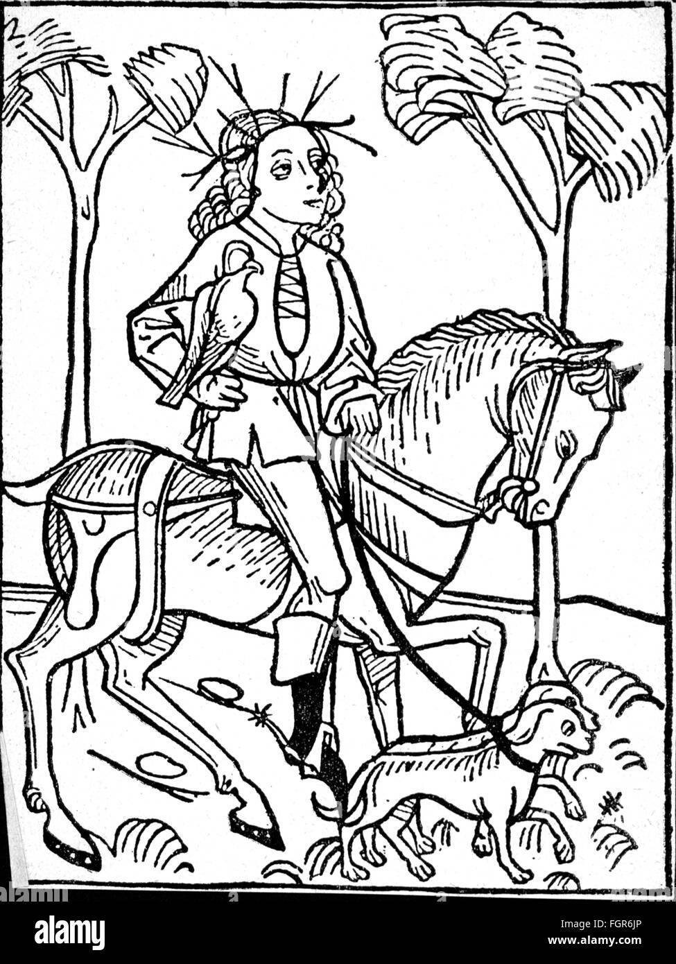 Chasse, chasseurs, un homme nobel est à la chasse, coupe de bois, Augsbourg, 1497, droits additionnels-Clearences-non disponible Banque D'Images