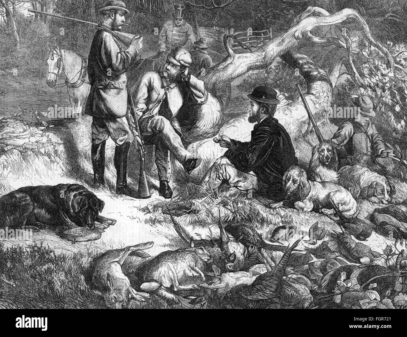 Chasse, partie de chasse, le dernier jour de la saison des faisans, gravure de bois après dessin par G. B. Goddard, Grande-Bretagne, 1866, droits additionnels-Clearences-non disponible Banque D'Images