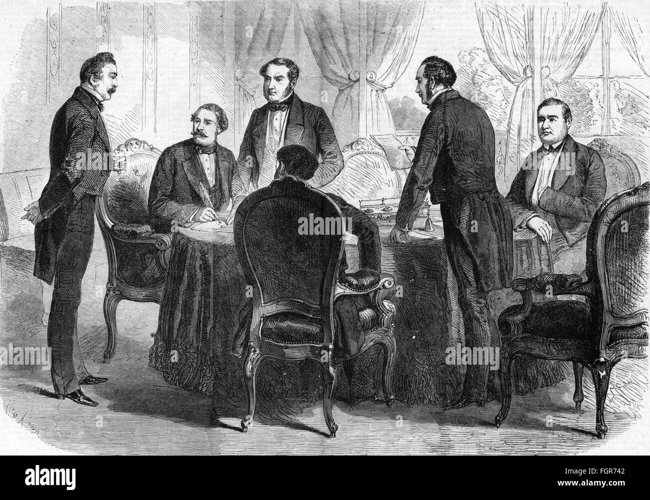 Deuxième Guerre d'indépendance italienne 1859, Traité de Zurich 10.11.1859, signature du traité, gravure en bois, de: 'Die Glocke', numéro 50, Leipzig - Dresde, 10.12.1859, droits additionnels-Clearences-non disponible Banque D'Images