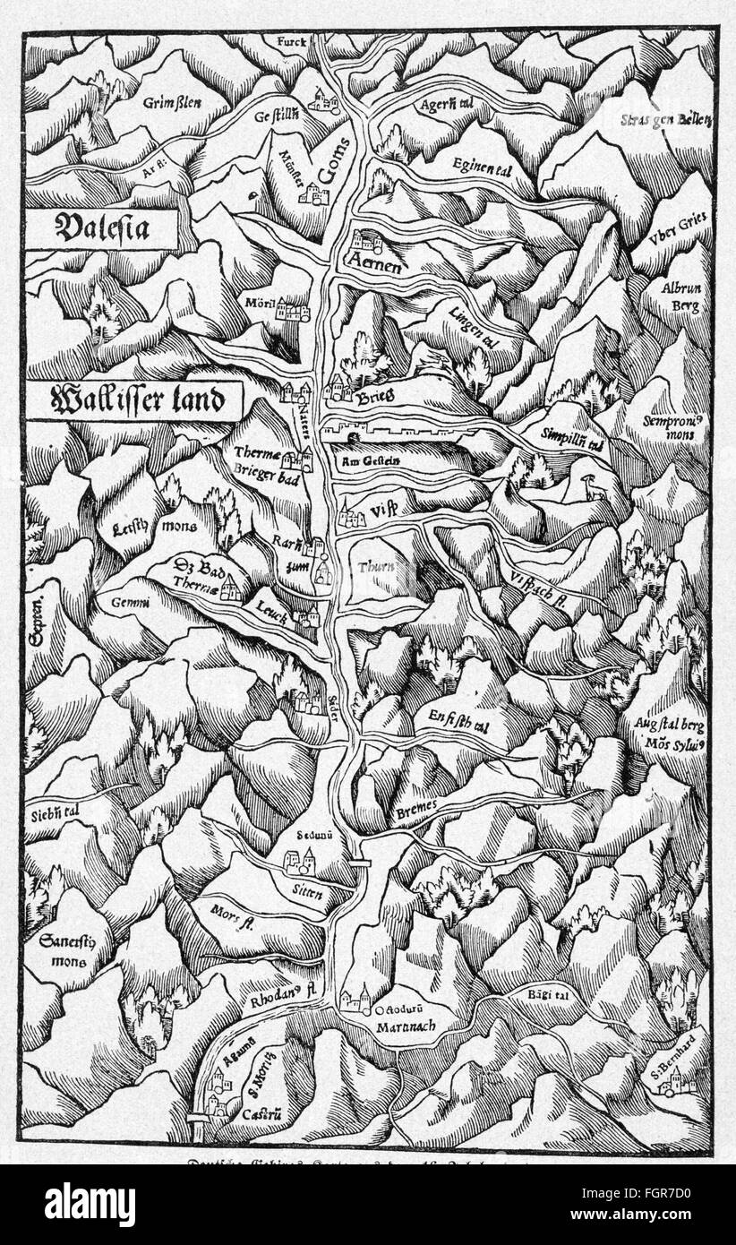 Cartographie, cartes, Suisse, canton du Valais, vallée du Rhône, coupe de bois, 'Cosmographia' de Sebastian Muenster, 1544, droits additionnels-Clearences-non disponible Banque D'Images
