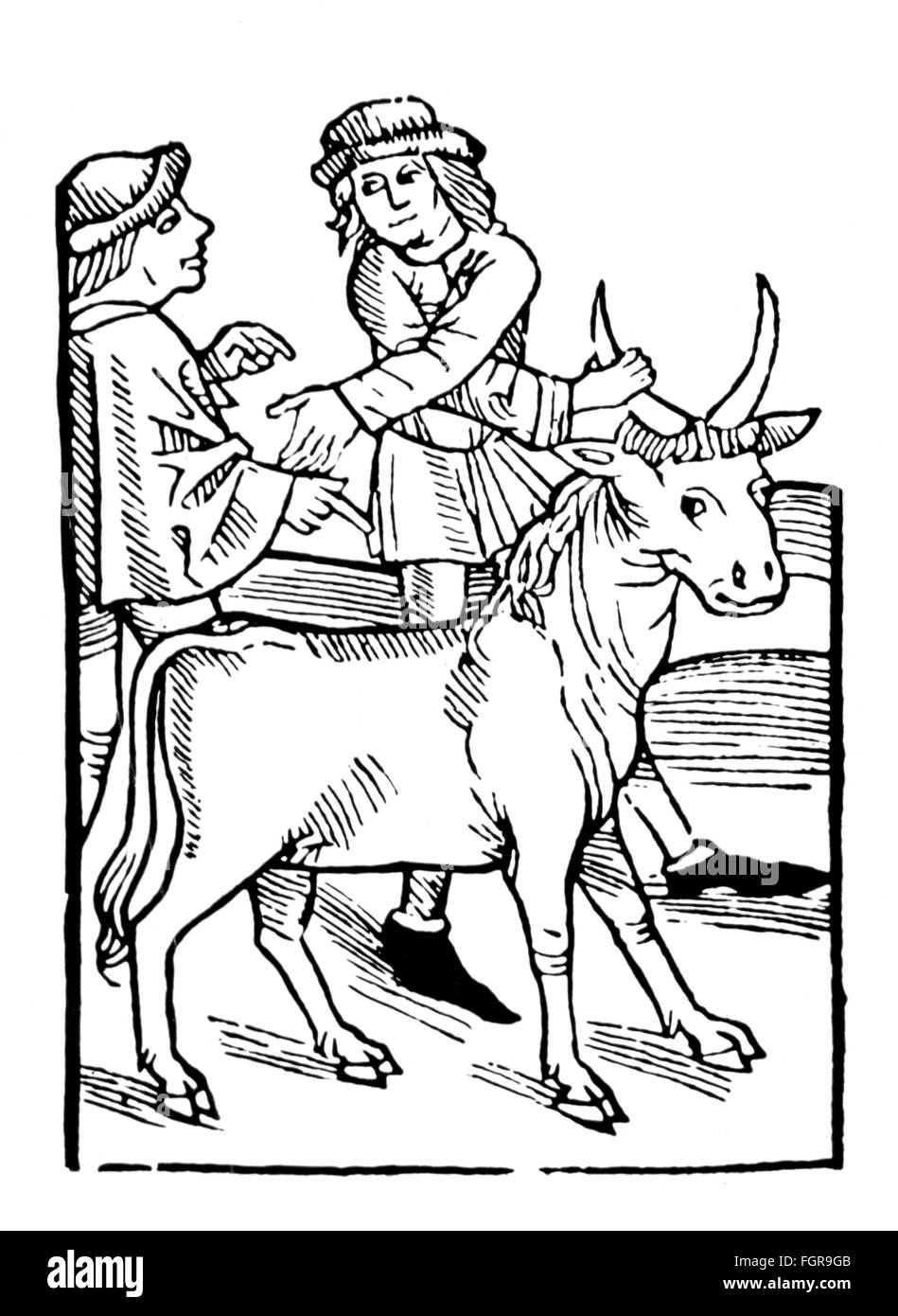 agriculture, élevage, bétail, deux paysans qui commercer des bovins, coupe de bois, de: Petrus de Crescentiis (1230 / 1233 - 1320 / 1321), 'Ruralia opon', imprimé: Peter Drach, Speyer, 1493, droits additionnels-Clearences-non disponible Banque D'Images