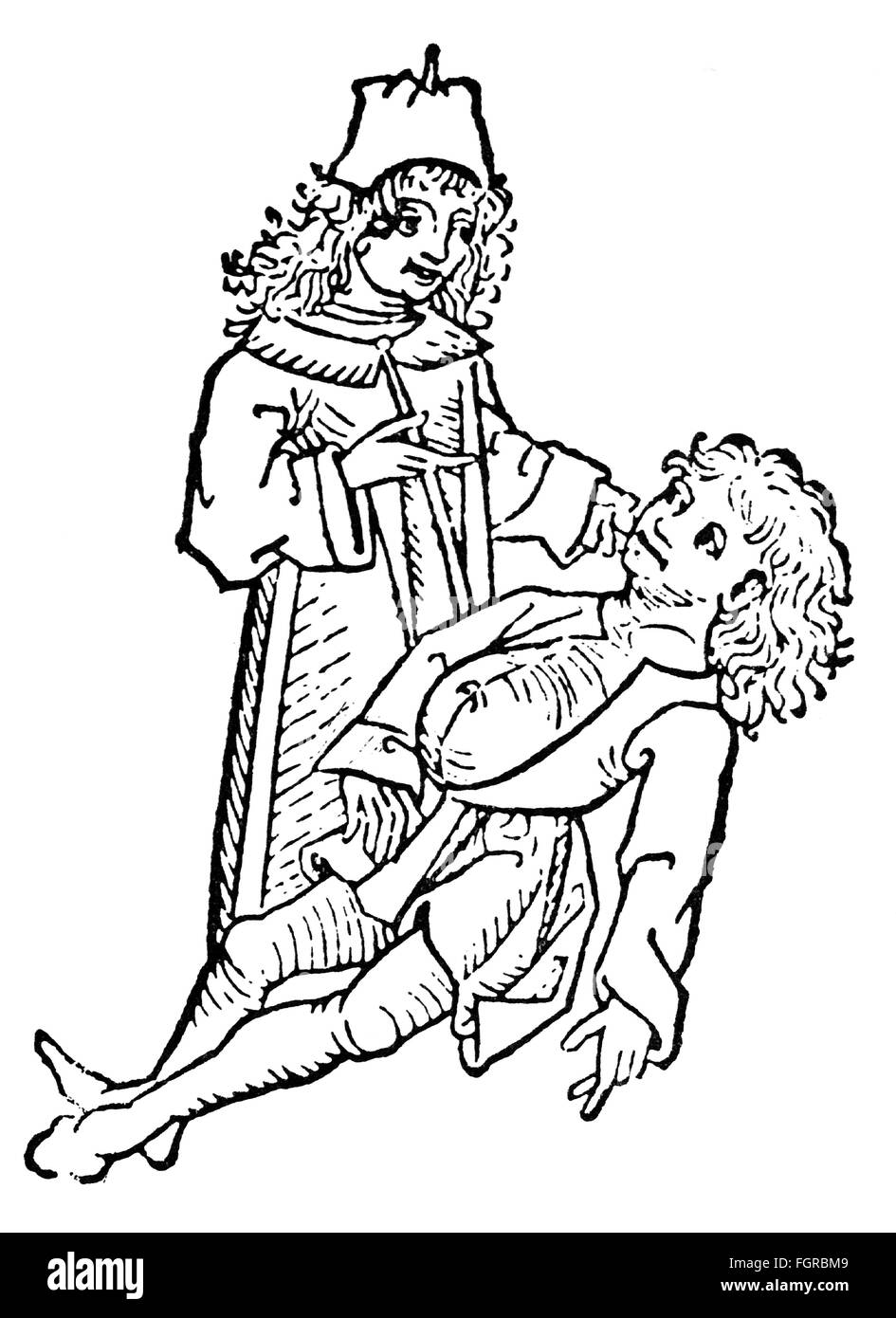 Médecine, traitement, examen / thérapie / consultation, médecin traitant le patient avec dropsy, coupe de bois, de: 'Hortus Sanitatis', imprimer: Jakob Meydenbach, Mayence, 1491, droits-supplémentaires-Clearences-non disponible Banque D'Images