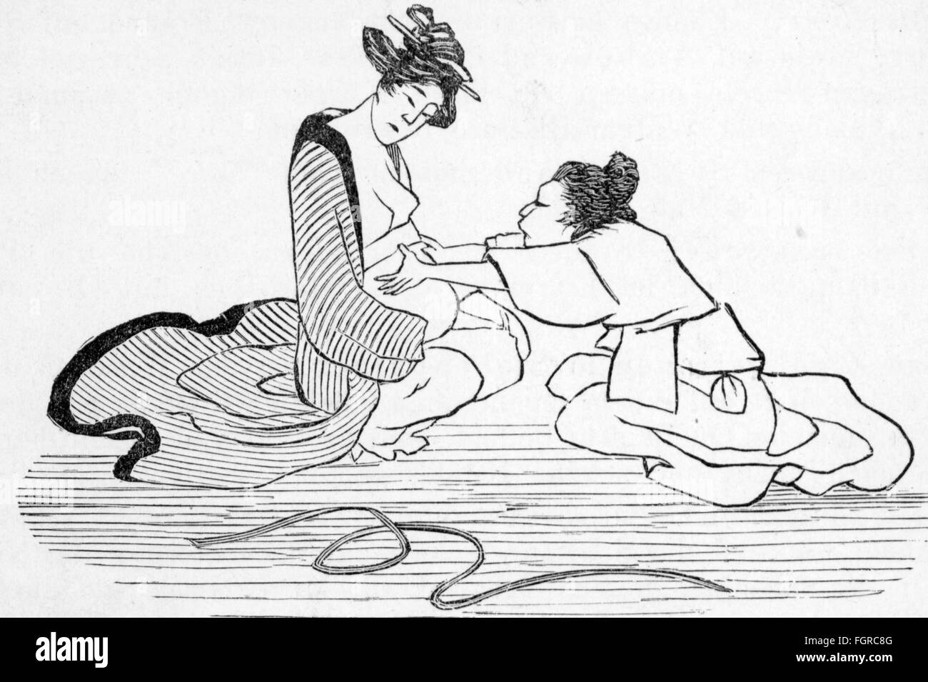 Médecine, naissance / gynécologie, femme enceinte japonaise se massant, après la coupe de bois japonais, gravure de bois, vers 1900, droits supplémentaires-Clearences-non disponible Banque D'Images