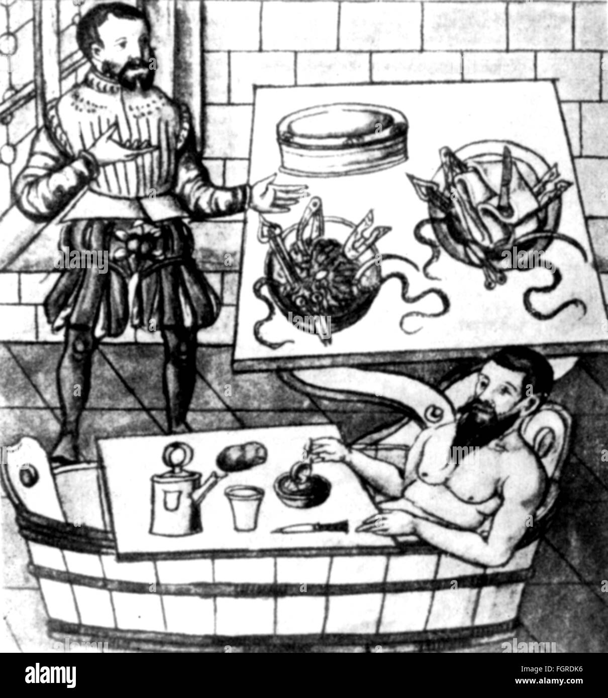 Médecine, chirurgie, hernie, instruments de préparation de chirurgien, bain de nettoyage de patient, miniature, de: Caspar Stromayr (+ 1566 / 1567), 'Practica copiosa', Lindau, 1559, droits additionnels-Clearences-non disponible Banque D'Images