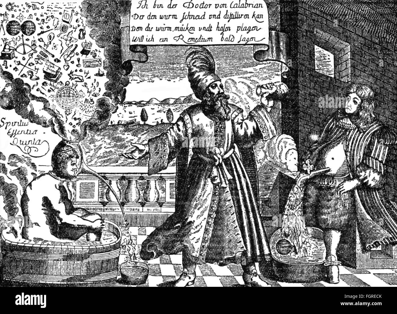 La médecine, quacksalver quacksalver, et ses méthodes de traitement, gravure sur cuivre, fin du 17e siècle, 17e siècle, graphique, graphiques, caricature, caricatures, humour, Humour, Satire, charlatanisme, quackeries charlatanry,, charlatans, quacksalver, quack, charlatan, pleine longueur, debout, patient, les patients, les traitements, les mauvais traitements, les traiter, traiter, médecin, médiatique, thérapie, thérapies, médecine, médicaments, mode de traitement, les méthodes de traitement, historique, historique, l'homme, les hommes, homme, personnage, auteur de l'artiste n'a pas à être effacée Banque D'Images