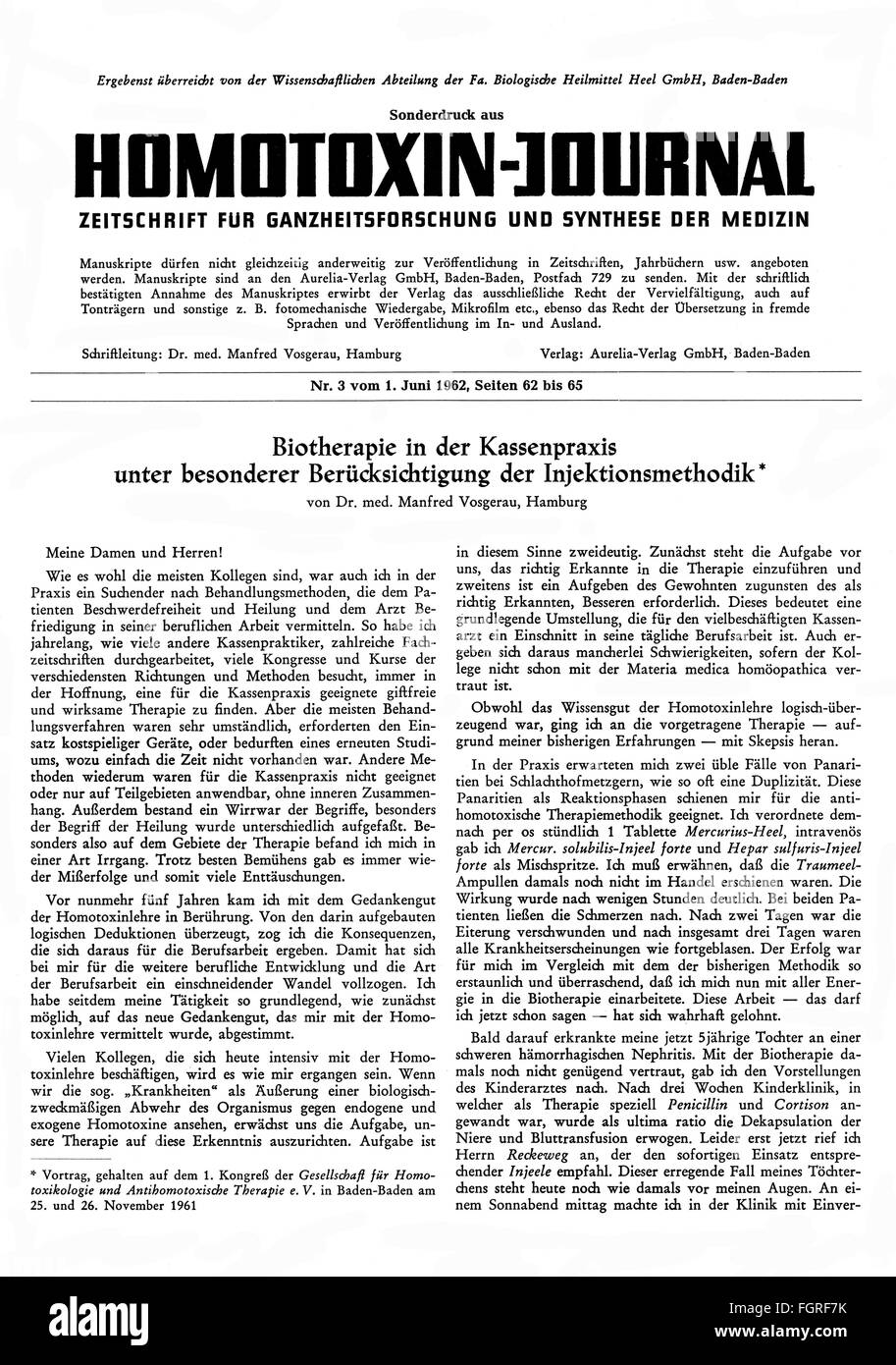 Presse / médias, magazines, 'Homotoxine-Journal', édition spéciale sur le numéro 3, page de titre, Baden-Baden, 1.6.1962, droits-supplémentaires-Clearences-non disponible Banque D'Images