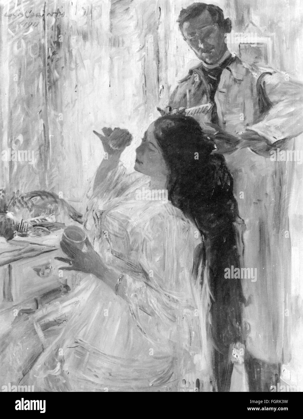 Beaux-arts, Corinth, Lovis (1858 - 1925), peinture, 'Die Frau des Kuenstlers am Frison' (la femme de l'artiste à la coiffeuse), 1911, huile sur toile, 120 x 90 cm, galerie d'art, Hambourg, droits supplémentaires-Clearences-non disponible Banque D'Images