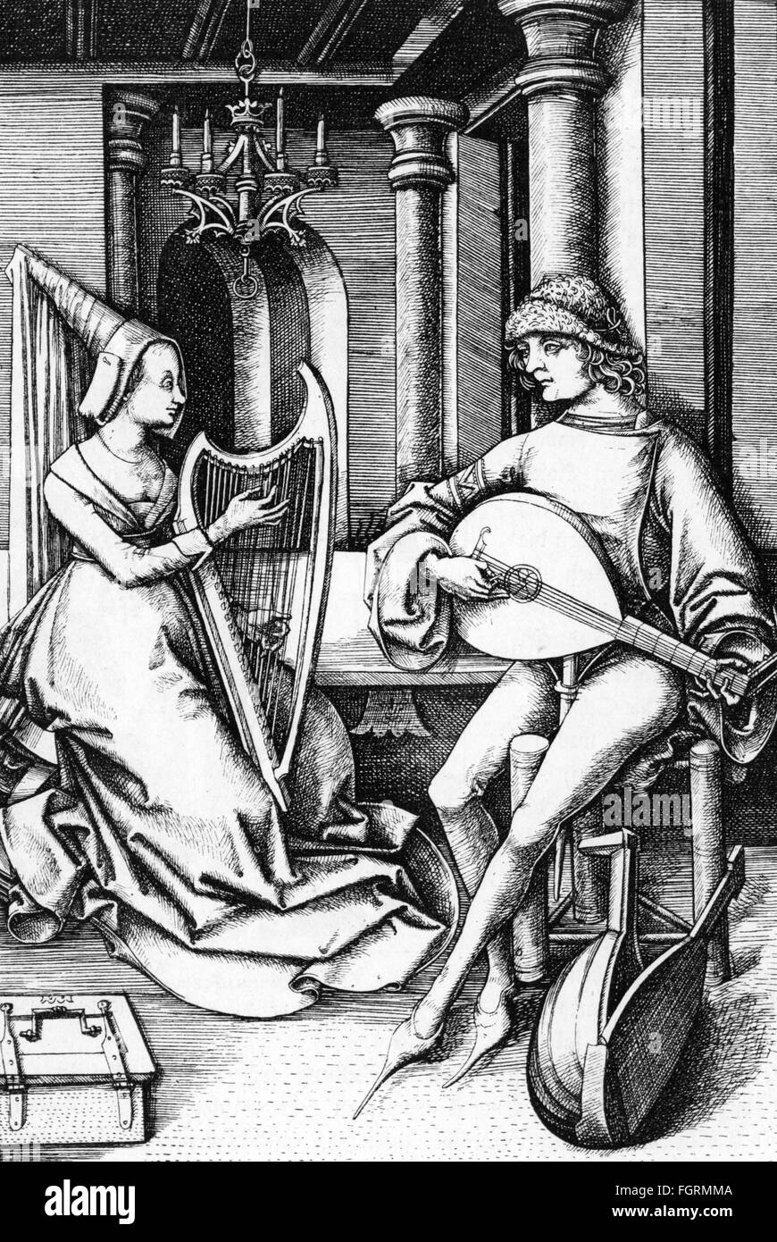 La musique, musicien, musique de salon, gravure sur cuivre par Israhel van Meckenem le Jeune, Bocholt, Westphalie, vers 1490, l'artiste n'a pas d'auteur pour être effacé Banque D'Images