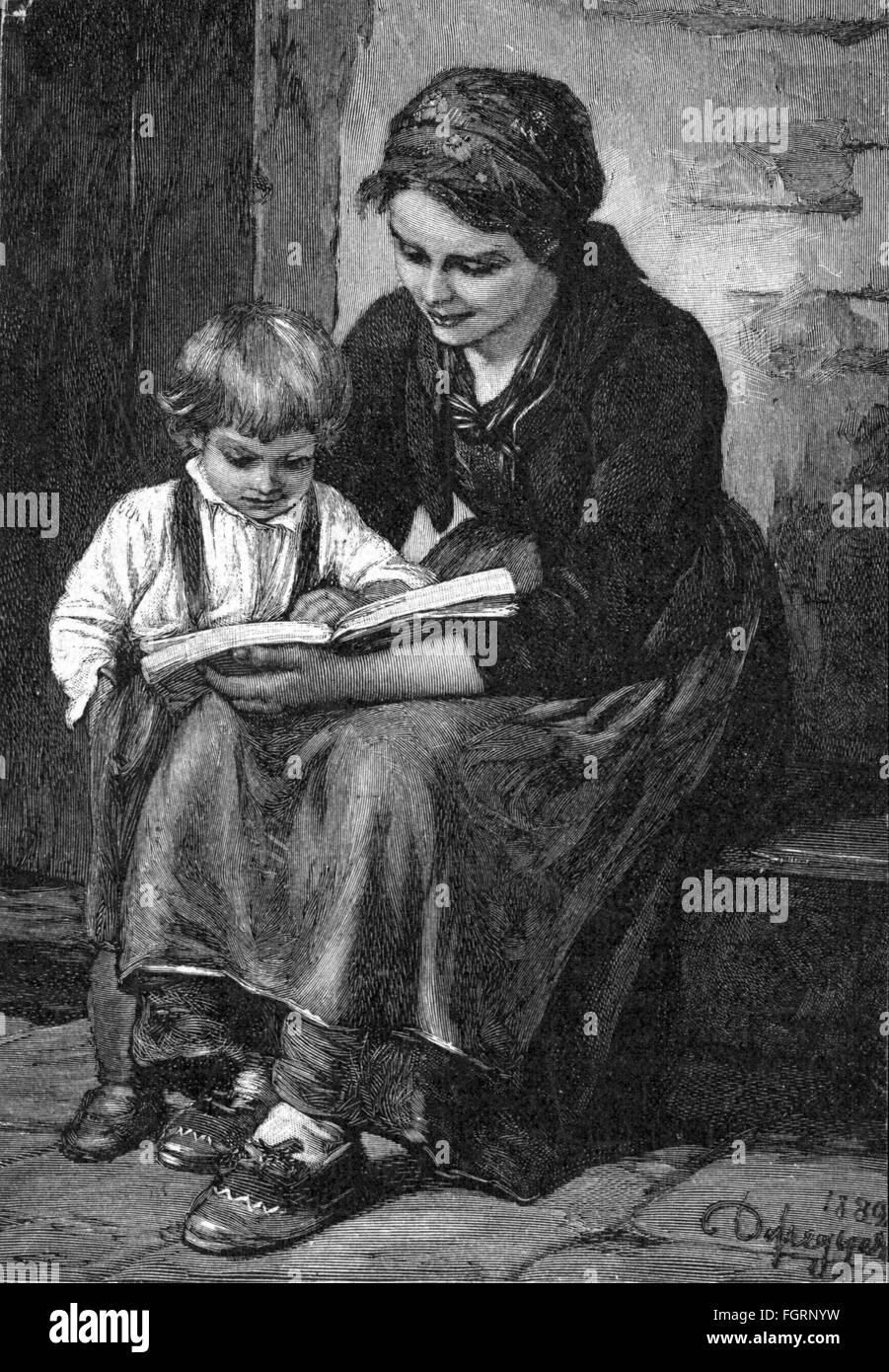 Pédagogie, école / leçons / discipline, 'Der erste Leseunterricht', après peinture par Franz Defregger (1835 - 1921), 1889, gravure sur bois, de: 'Die Gartenlaube', Leipzig, 1890, droits additionnels-Clearences-non disponible Banque D'Images