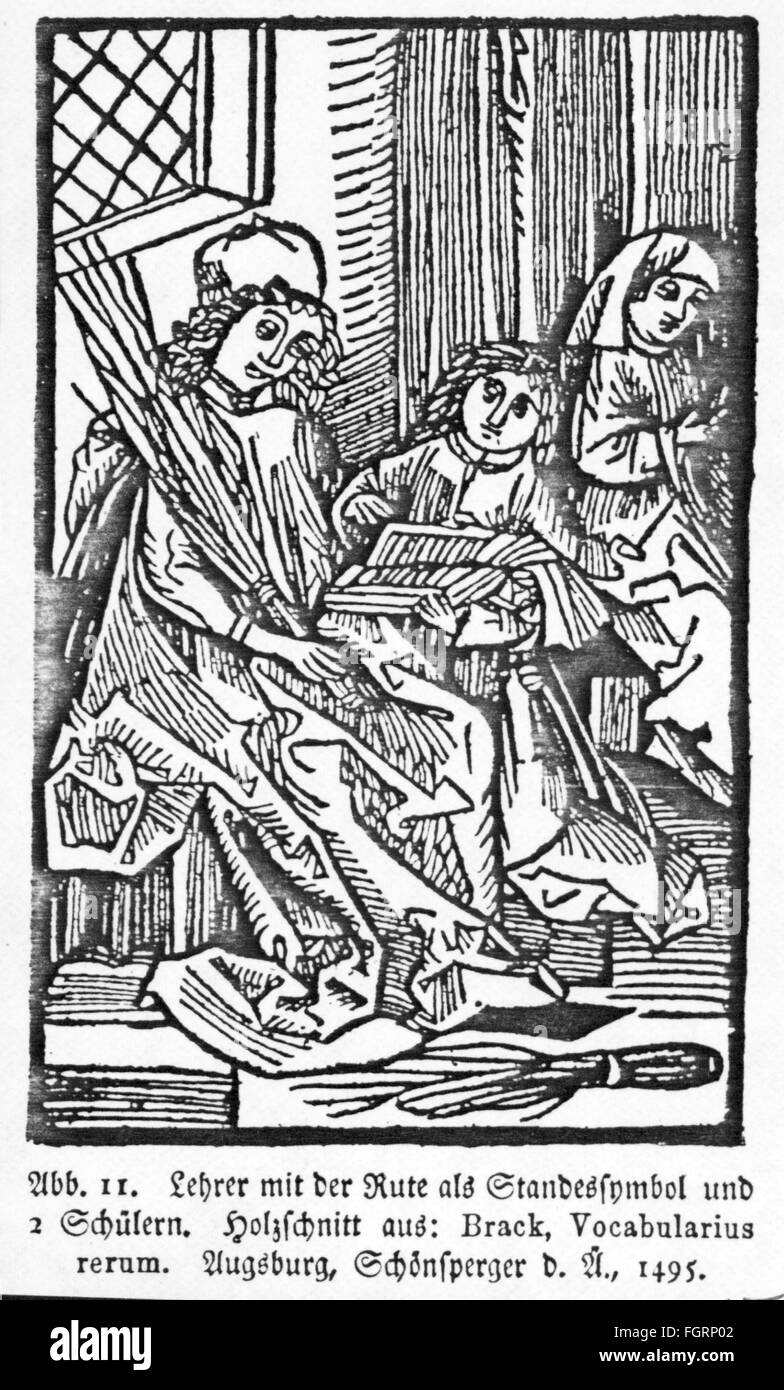 Pédagogie, école / leçons / discipline, professeur avec tige, coupe de bois, de: Venceslaus Brack (+ 1495): 'Vocabularius rerum', page de titre, imprimer: Johann Schönsperger l'aîné (vers 1455 - 1521), Augsbourg, 1495, droits additionnels-Clearences-non disponible Banque D'Images
