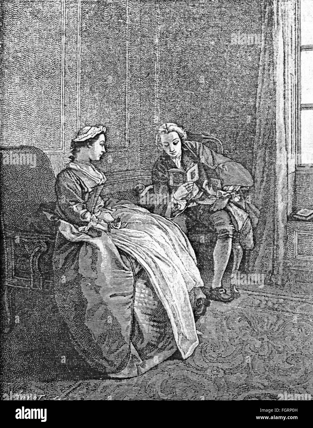 Personnes, activités, lecture, "Le lecteur" (le lecteur), après l'Hubert-Francois Gravelot (1699 - 1773), gravure sur cuivre, 18e siècle, l'artiste n'a pas d'auteur pour être effacé Banque D'Images