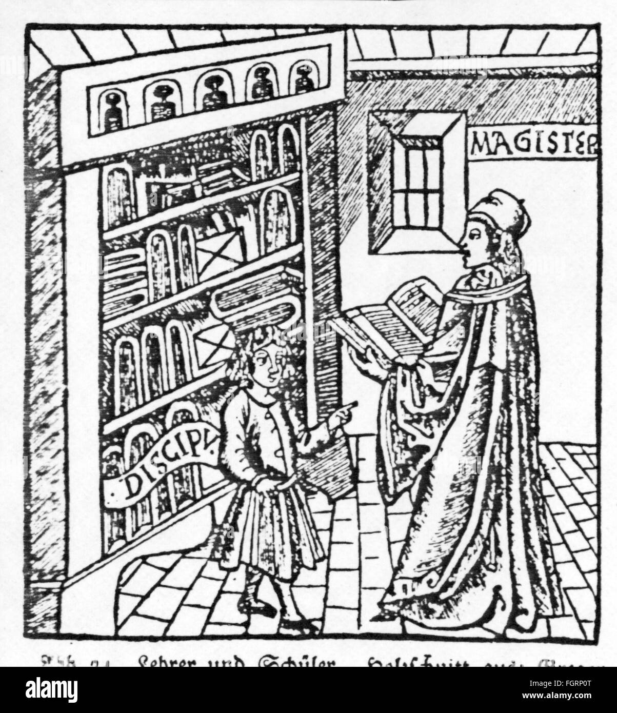 Pédagogie, école / leçons / discipline, enseignant et élève, coupe de bois, de: Gregor Reisch (vers 1470 - 1525), 'Margarita philosophophica', imprimé: Hans Grüninger (vers 1455 - vers 1531), Strasbourg, 1512, droits additionnels-Clearences-non disponible Banque D'Images