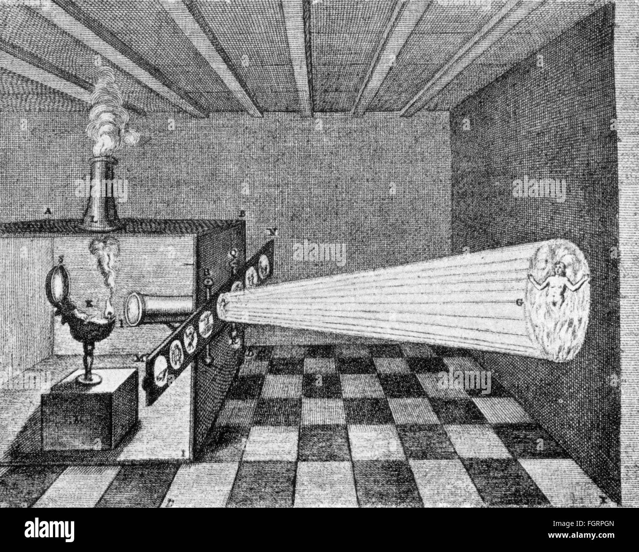Film, lanterne magique, fonctionnalité, gravure, hors de: Athanasius Kircher (1602 - 1680), 'Ars magna lucis et umbrae', 2ème édition, Amsterdam, 1671, droits additionnels-Clearences-non disponible Banque D'Images