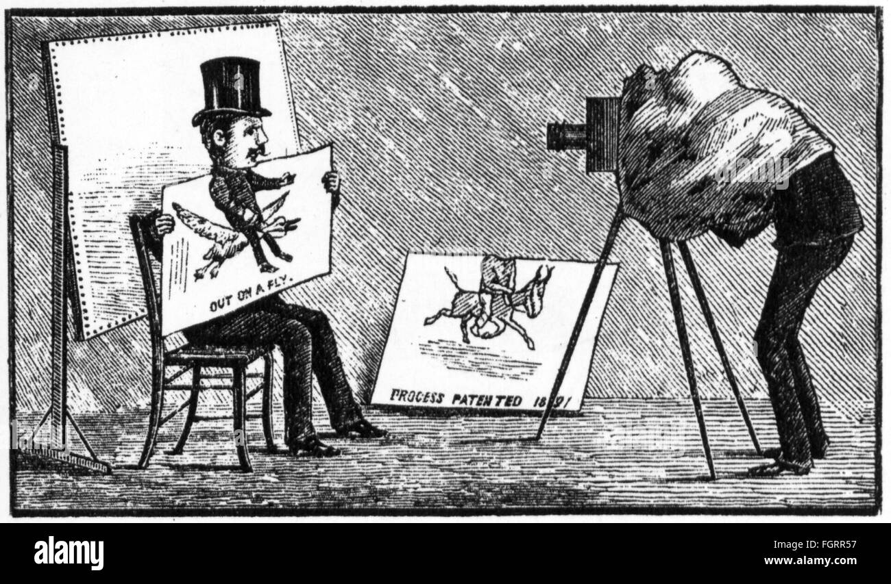Photographie, caricature, siège avec carton peint pour faire une caricature photographique, développé de A.Coolidge, New York, gravure en bois, 1884, droits additionnels-Clearences-non disponible Banque D'Images
