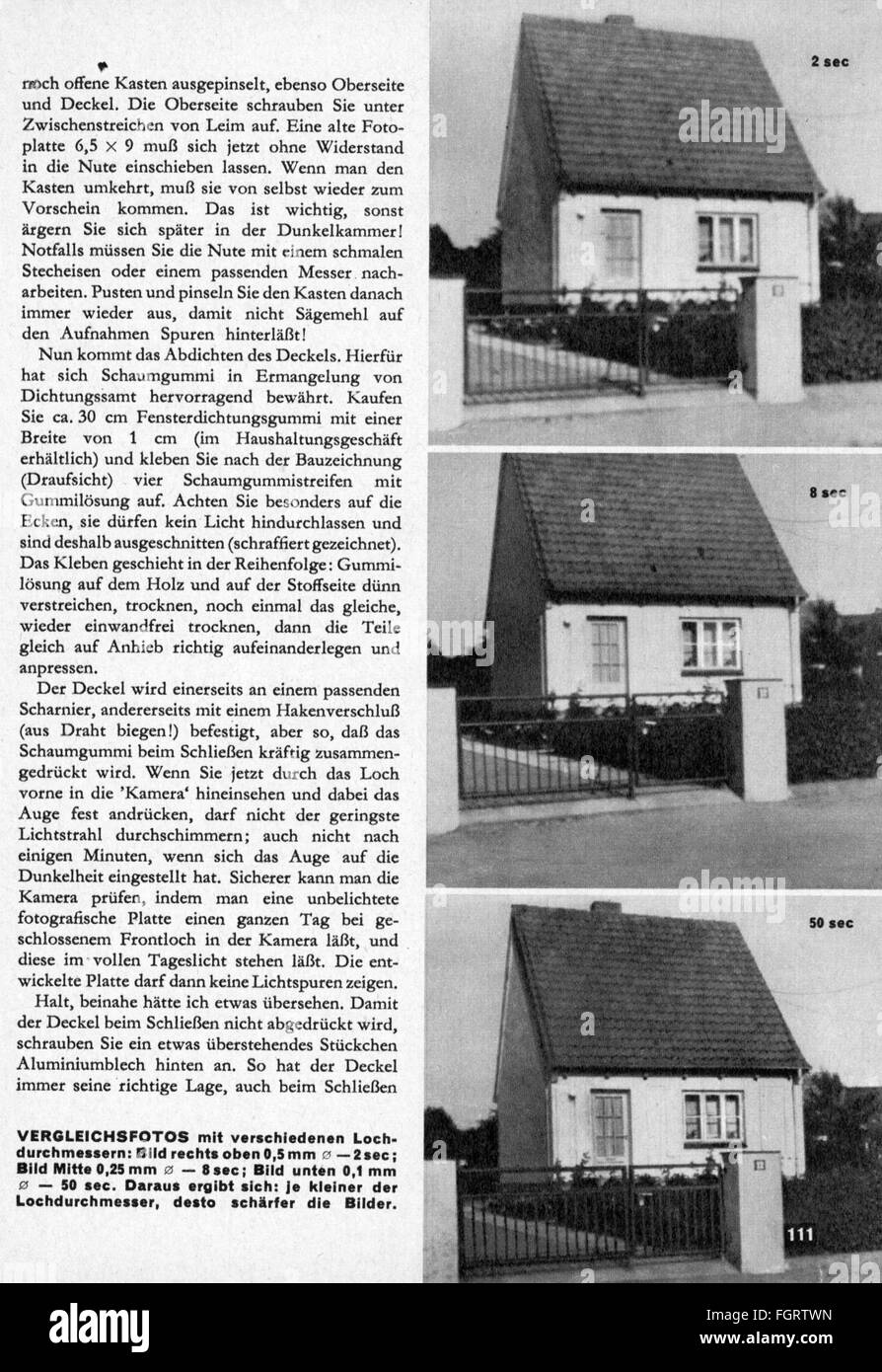 Presse / médias, magazines, 'Hobby', article 'Kamera ohne Linse' (appareil photo sans objectif), exemples de photos prises avec un appareil photo à trou d'épingle, numéro 2, Stuttgart, février 1957, droits supplémentaires-Clearences-non disponible Banque D'Images