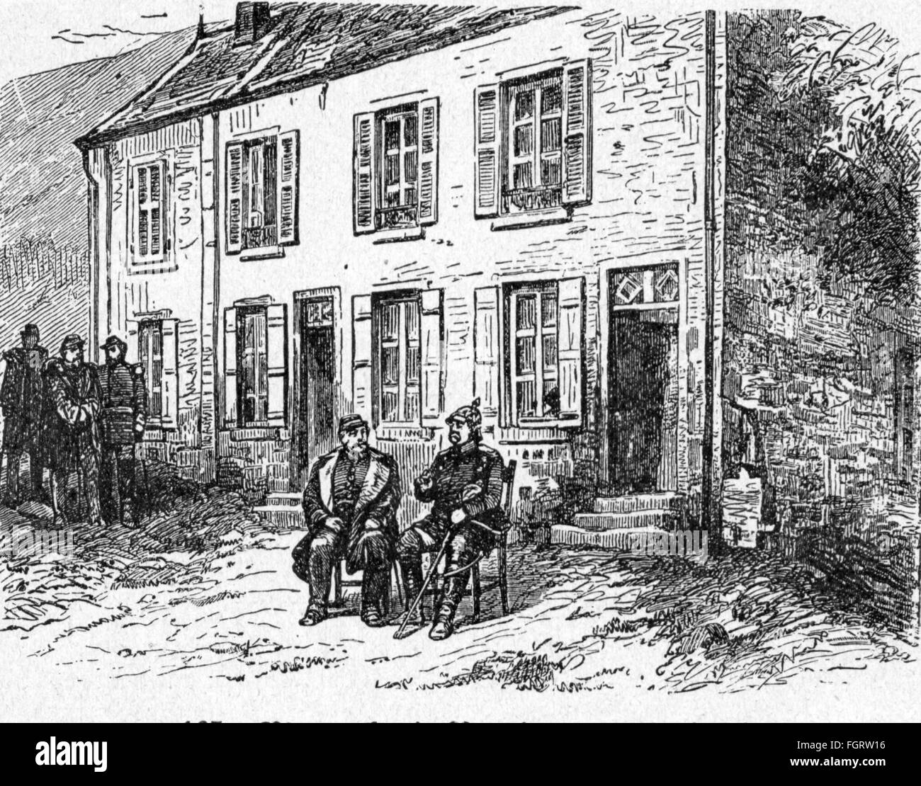 Guerre franco-prussienne 1870 - 1871, bataille de Sedan, 1. - 2.9. 1870, rencontre entre l'empereur Napoléon III et Otto von Bismarck, Donchery, 2.9.1870, gravure de bois, fin du XIXe siècle, France, guerre franco-prussienne, abandon, conversation, conversations, discussions, empereur des Français, Bonaparte, second empire, Premier ministre prussien, maison, maisons, Allemagne, Prusse, peuple, hommes, homme, bataille, bataille, rencontres historiques, rencontre historique, rencontre historique, rencontre historique, Droits supplémentaires-Clearences-non disponible Banque D'Images