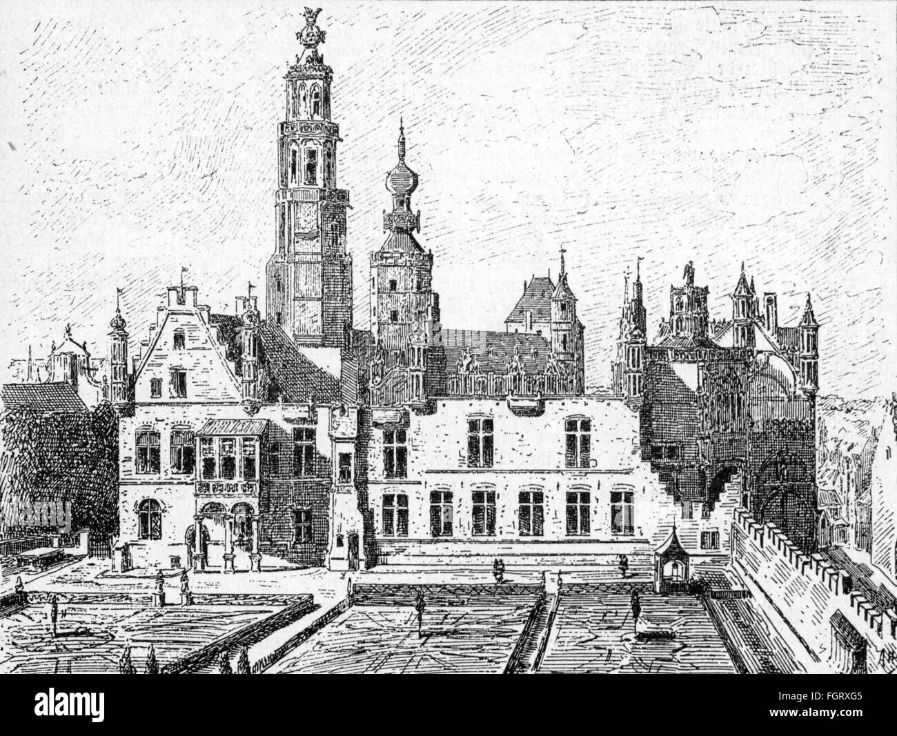 Géographie / voyage, Belgique, Bruxelles, châteaux, Nassau court (Hof van Nassau / Cour de Nassau), vue extérieure, gravure en bois, 19e siècle, après illustration, 16e siècle, aujourd'hui partie de la Bibliothèque Royale, Nassau-Orange, Orange, architecture, pays-Bas espagnols, Habsbourg pays-Bas, Europe occidentale, Bruxelles, Bruxelles, châteaux, château, cour, cours historiques, cours historiques, historiques, historiques, Droits supplémentaires-Clearences-non disponible Banque D'Images