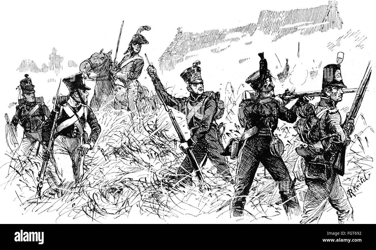Guerre de la septième Coalition 1815, soldats de l'armée alliée du duc de Wellington, de gauche: fusil de la Légion allemande du roi, fantassman néerlandais et cavalryman, Nsssau fantassman, Braunschweiger fantassman, fantassman hanobien hanobien, dessin de Richard Knoetel, vers 1900, Additional-Rights-Clearences-not available Banque D'Images