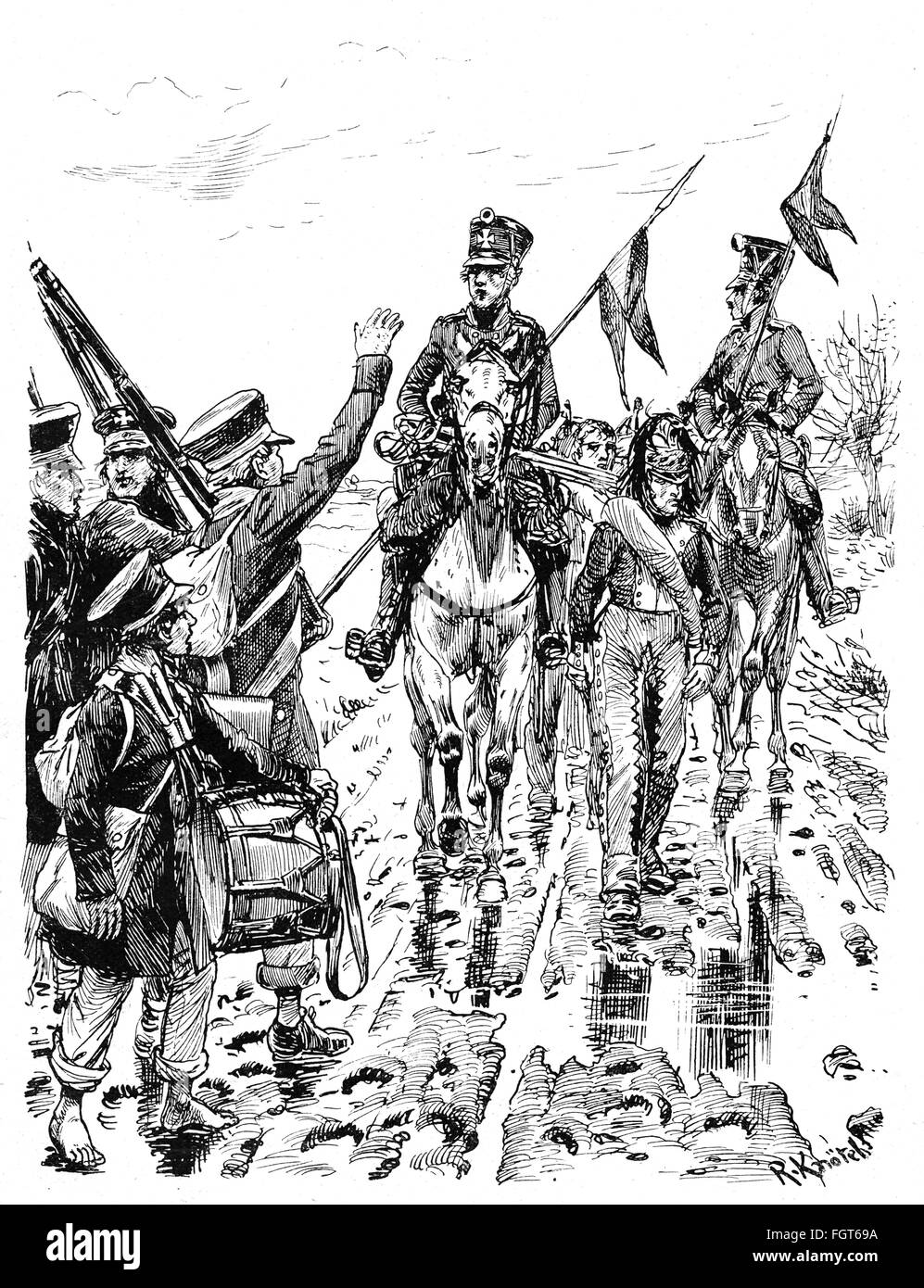 Guerre de la Sixième Coalition 1812 - 1814, landwehr prussien avec un dragoon français capturé, 1813 / 1814, dessin de Richard Knoetel, vers 1900, droits additionnels-Clearences-non disponible Banque D'Images