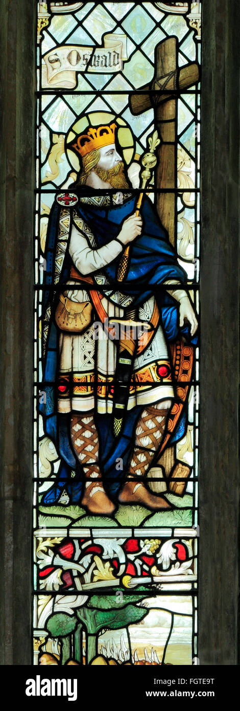 Saint Oswald, roi de Northumbrie saxonne, vitrail par J. Powell & fils, 1900, Blakeney, Norfolk England UK saints Rois Banque D'Images