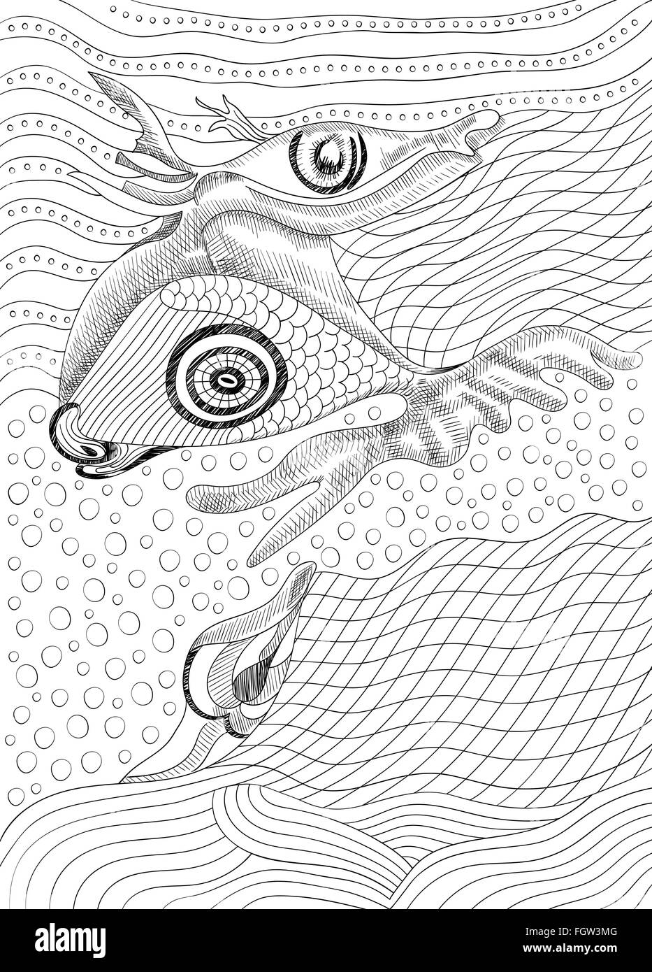 Surreal dessin à la main et le poisson, modèle abstrait avec contours noirs, peuvent utiliser pour les affiches, autocollants, cartes à colorier Illustration de Vecteur
