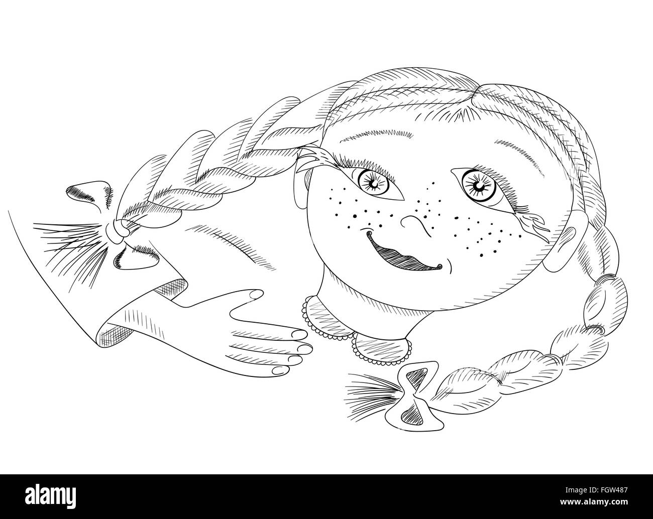Dessin surréaliste portrait de fille avec des tresses, modèle abstrait avec contours noirs Illustration de Vecteur