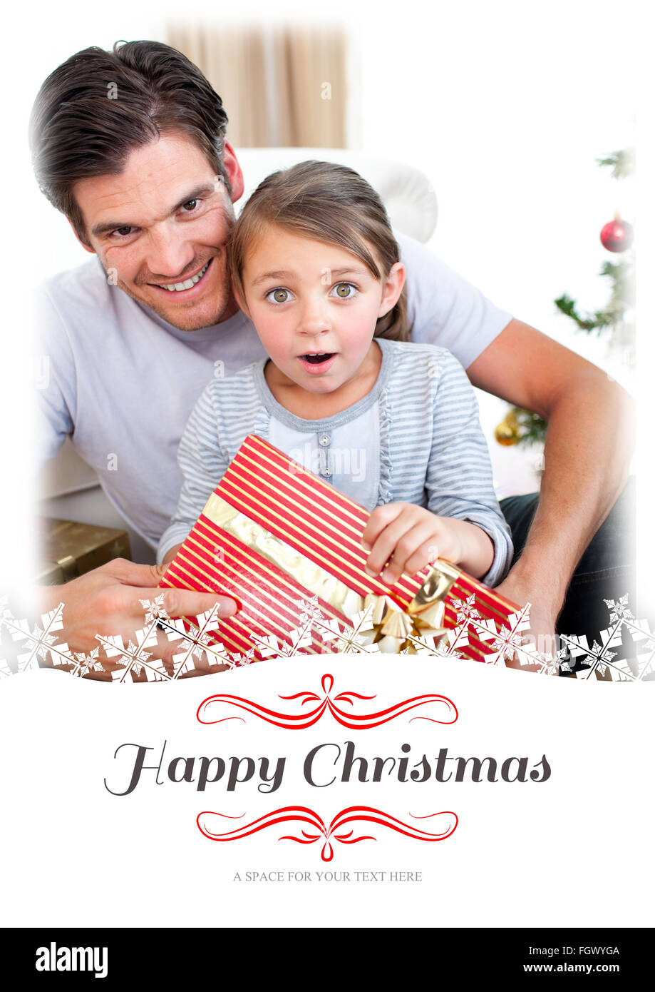 Image composite de portrait d'une surpris little girl holding a christmas present Banque D'Images