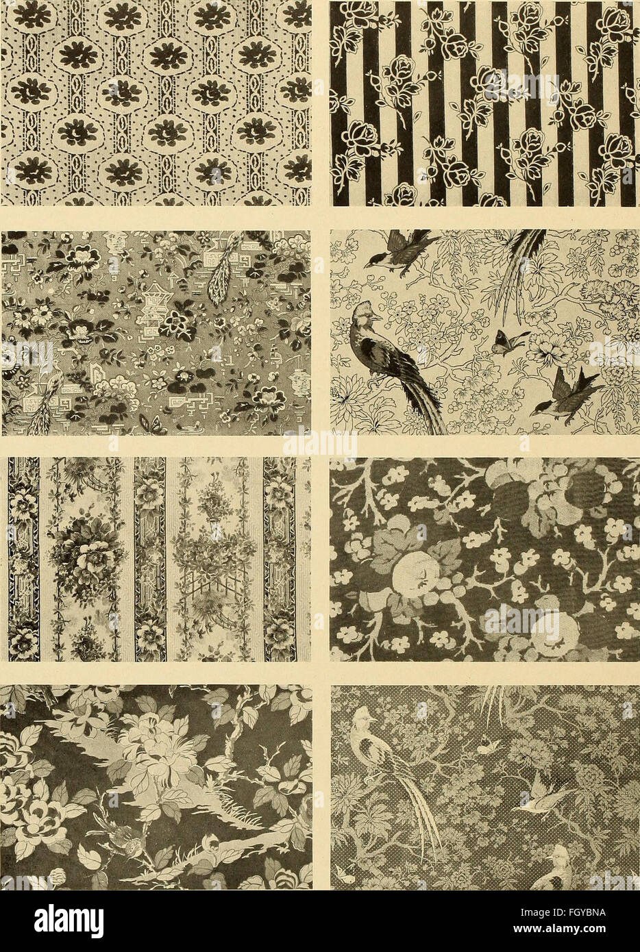 Un guide illustré des textiles décoratifs utilisés pour les meubles, les murs et les planchers, couvrant divers tissus comme les damassés, les brocarts, les velours, les tapisseries et les lacets. Banque D'Images