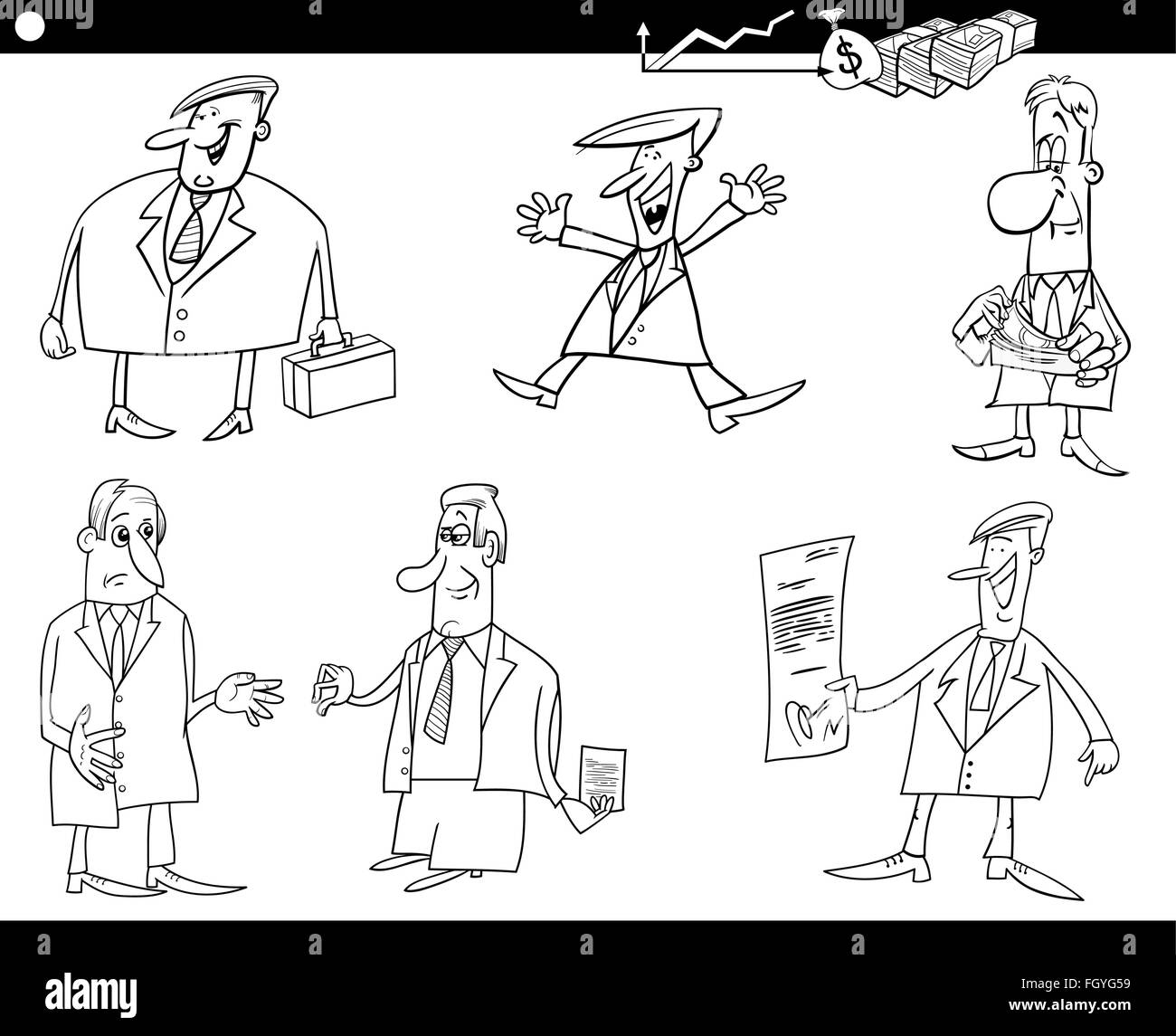 Illustration Cartoon noir et blanc Ensemble de Funny Businessman Charcaters et concepts d'affaires Illustration de Vecteur