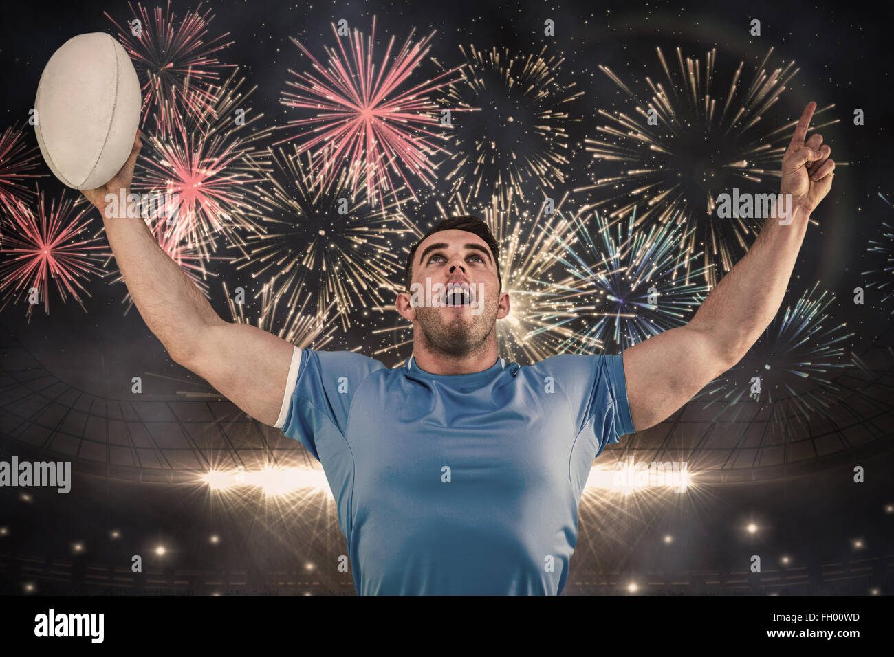 Image composite de rugby player cheering et vers Banque D'Images