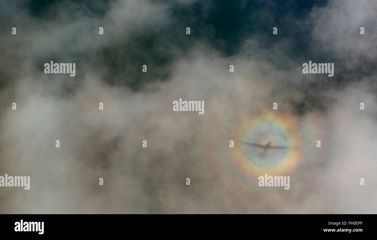 Vue aérienne, arc-en-ciel sur un nuage, l'ombre de discussion de l'avion, arc-en-secondaire, d'aéronefs, de la vapeur, de l'ombre, arc-en-ciel circulaire Banque D'Images