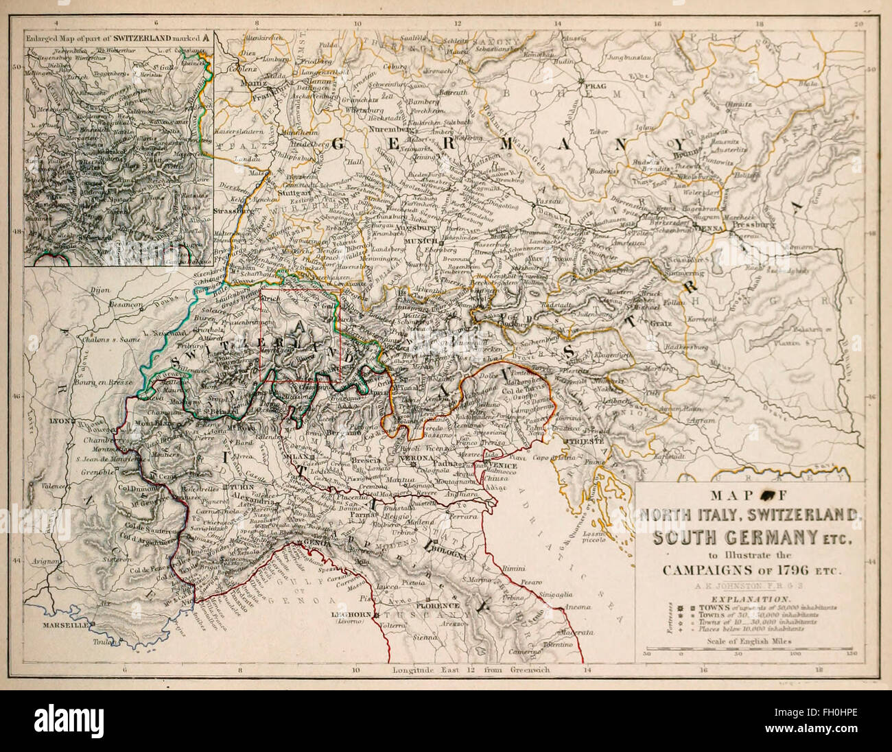 Carte de l'Italie, la Suisse, l'Allemagne, etc. pour illustrer les campagnes de 1796 Banque D'Images