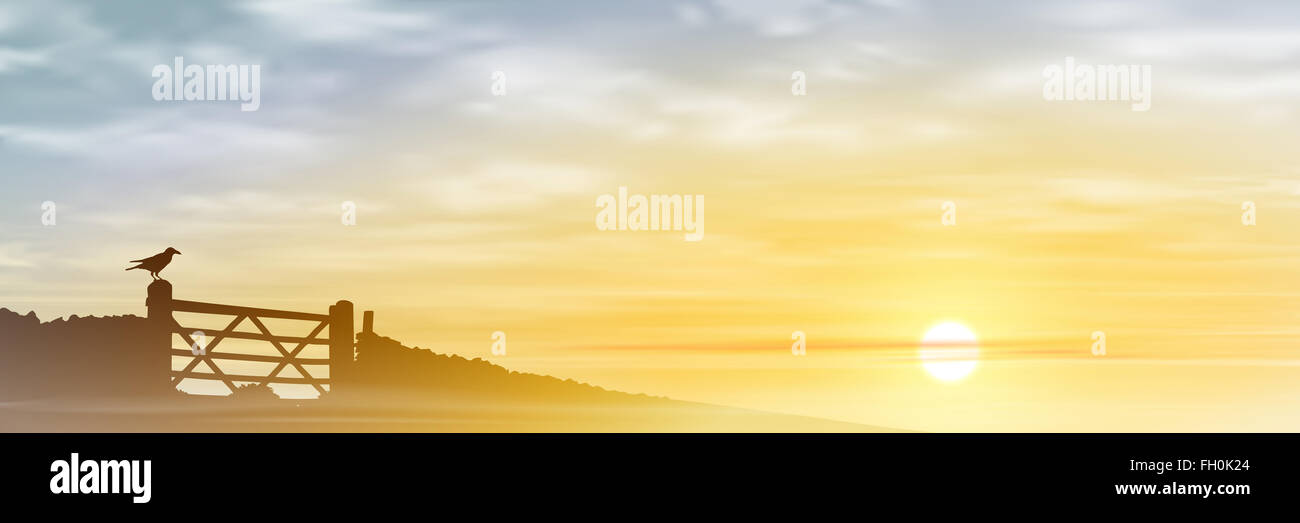 Un paysage brumeux avec la ferme et le lever du soleil, coucher du soleil. Banque D'Images