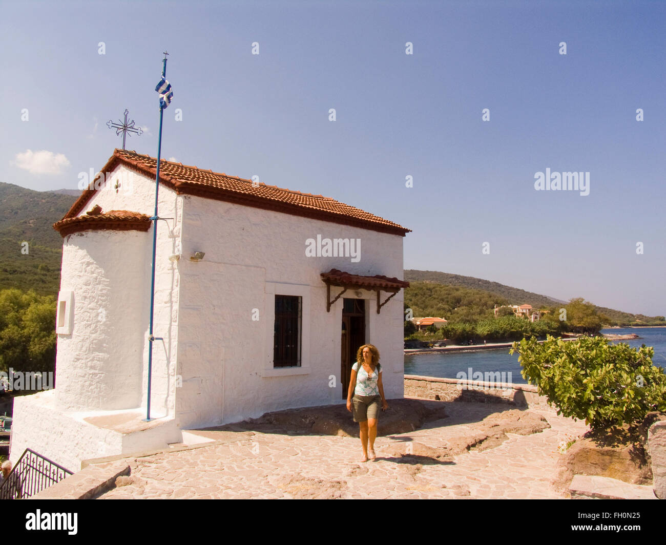 Église, sykamineas skala, l'île de Lesbos, au nord-ouest de la mer Égée, Grèce, Europe Banque D'Images